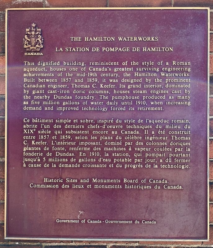 The Hamilton Waterworks/ La Station de Pompage de Hamilton Marker image. Click for full size.