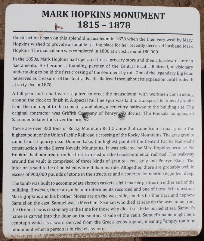 Mark Hopkins Monument Marker image. Click for full size.