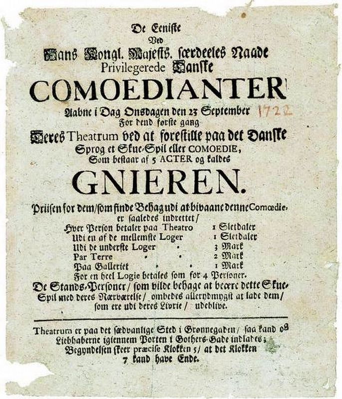 1722 poster from Lille Gr�nnegade Theatre in Copenhagen, Denmark image. Click for full size.