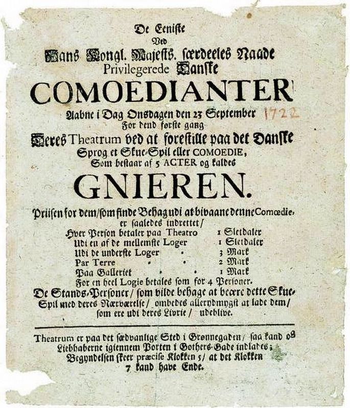 1722 poster from Lille Grnnegade Theatre in Copenhagen, Denmark image. Click for full size.
