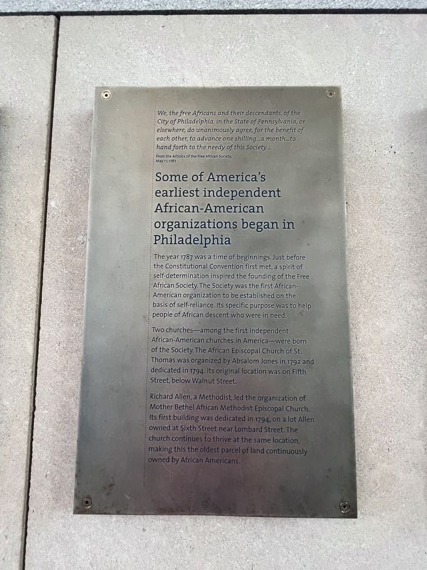 Some of America's earliest independent African-American organizations began in Philadelphia Marker image. Click for full size.