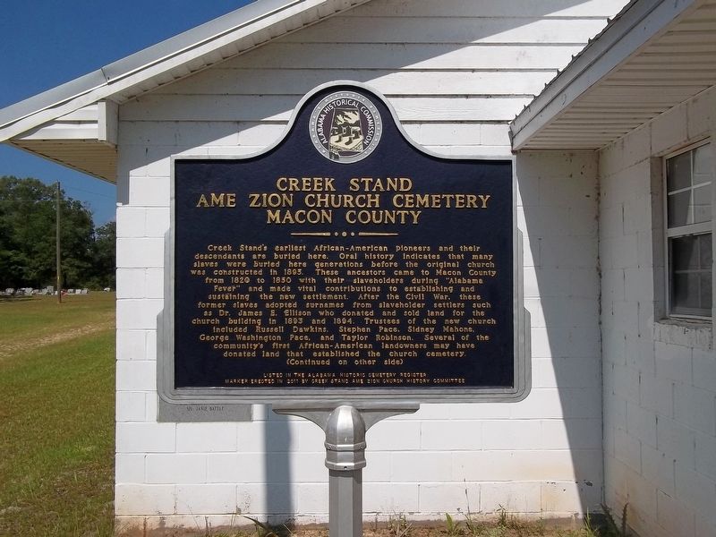 Creek Stand AME Zion Church Cemetery Macon County Marker. Click for full size. Creek Stand AME Zion Church Cemetery Macon County Marker image. Click for full size.