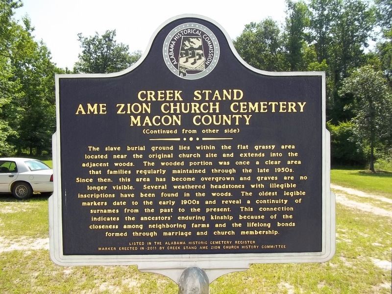 Creek Stand AME Zion Church Cemetery Macon County Marker. Click for full size. Creek Stand AME Zion Church Cemetery Macon County Marker image. Click for full size.