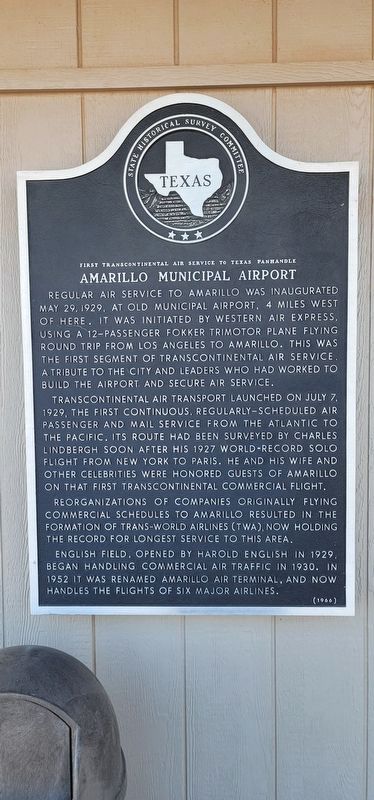 First Transcontinental Air Service to Texas Panhandle, Amarillo Municipal Airport Marker image. Click for full size.