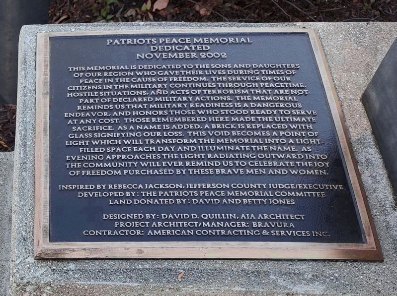 2nd Plaque - Patriots Peace Memorial Dedication. Click for full size. 2nd Plaque - Patriots Peace Memorial Dedication image. Click for full size.