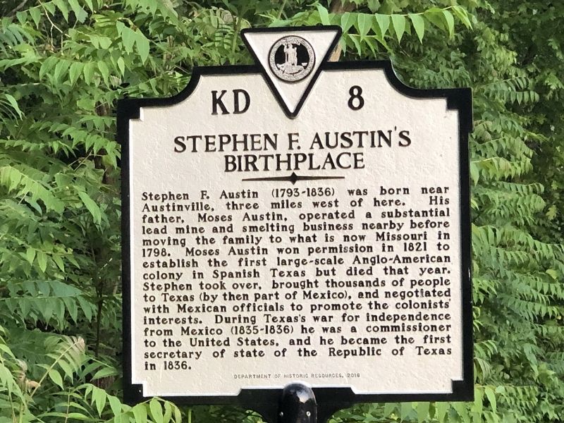 Stephen F. Austin's Birthplace Marker. Click for full size. Stephen F. Austin's Birthplace Marker image. Click for full size.