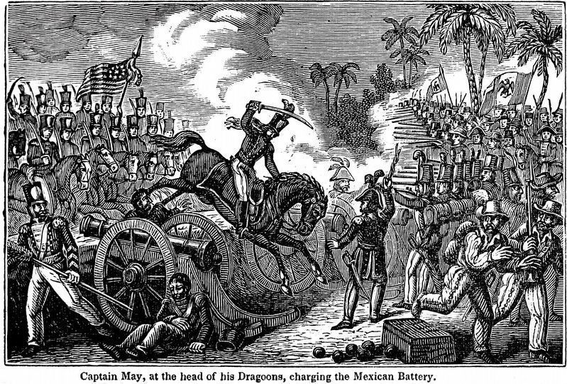 Captain May, at the head of his Dragoons,<br>charging the Mexican Battery. Click for full size. Captain May, at the head of his Dragoons,<br>charging the Mexican Battery image. Click for full size.