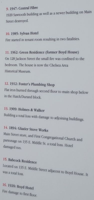 Notable 19th & 20th Century Downtown Chelsea Fires Marker. Click for full size. Notable 19th & 20th Century Downtown Chelsea Fires Marker image. Click for full size.