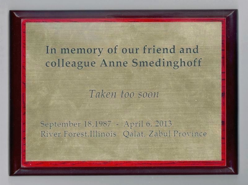 State Department plaque dedicated to Anne T. Smedinghoff. Click for full size. State Department plaque dedicated to Anne T. Smedinghoff image. Click for full size.