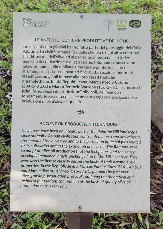Le Antiche Tecniche Produttive Dell'olio / Ancient Oil Production Techniques Marker. Click for full size. Le Antiche Tecniche Produttive Dell'olio / Ancient Oil Production Techniques Marker image. Click for full size.