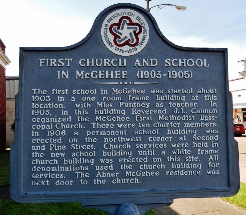 First Church and School in McGehee Marker. Click for full size. First Church and School in McGehee Marker image. Click for full size.