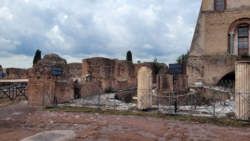 The Domus Flavia. Elliptical Nymphaeum Marker is the right marker of the two markers image. Click for full size.