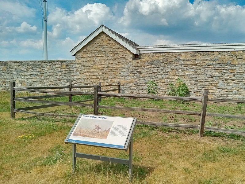 Three Sisters Garden Marker in front of Fort Snelling image. Click for full size.