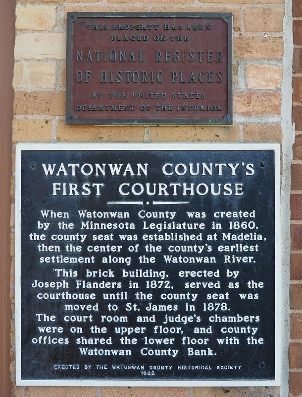 Watonwan County's First Courthouse Marker and National Register plaque image. Click for full size.
