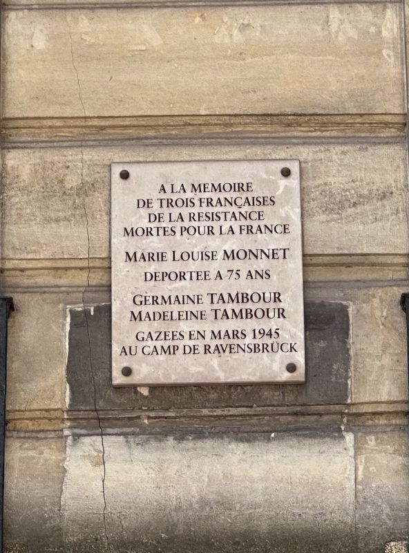 Marie Louise Monnet, Germaine and Madeleine Tambour Memorial Marker image. Click for full size.