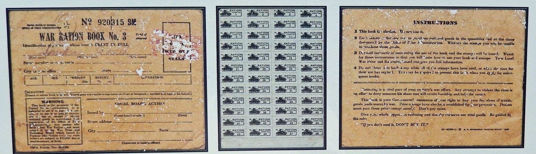Marker detail: War Ration Book (front and back) and Ration Stamps image. Click for full size.