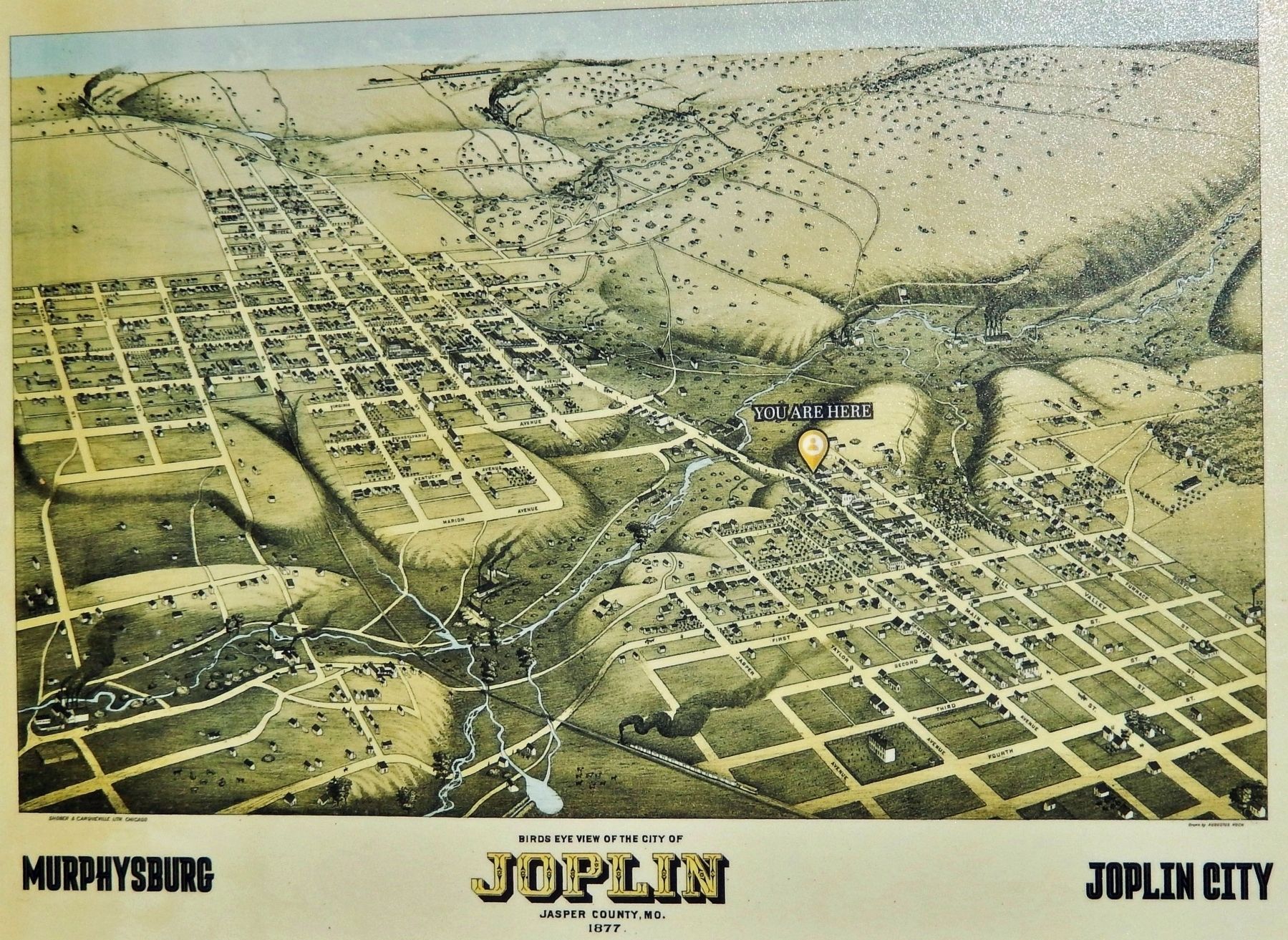Marker detail: Birds Eye View of the City of Joplin, 1877 image. Click for full size.