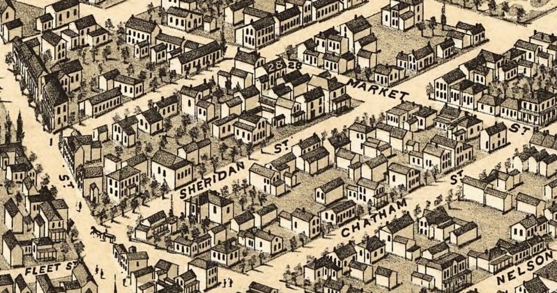 Sheridan Street, from the Birds Eye View of Brantford, 1875 image. Click for full size.