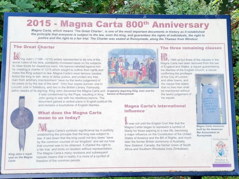 2015 - Magna Carta 800th Anniversary Marker image. Click for full size.