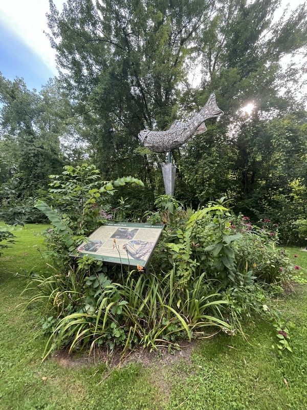 River Works Park Marker with <i>Brookie</i> on display. Click for full size. River Works Park Marker with <i>Brookie</i> on display image. Click for full size.
