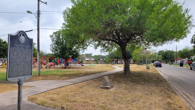 The view of the Nicolas Street School Marker along the street image. Click for full size.