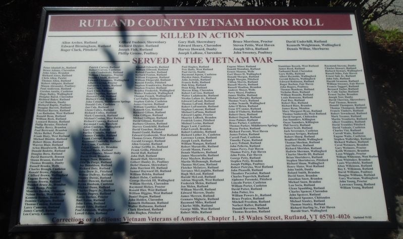 Rutland County Vietnam Honor Roll Marker image. Click for full size.