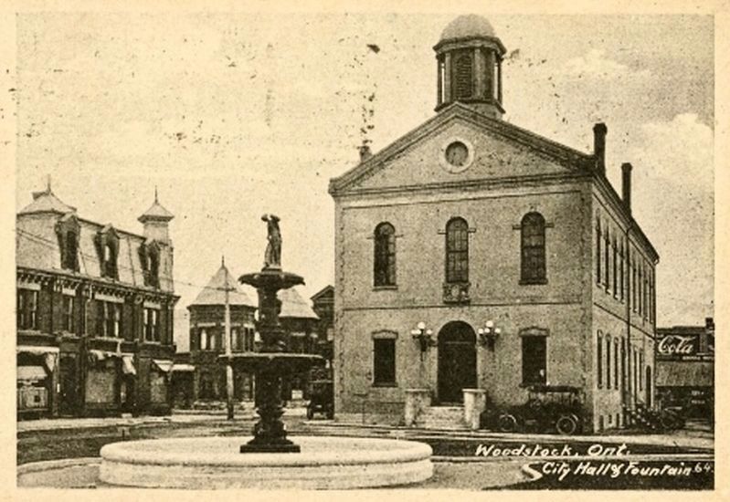 Woodstock City Hall and Fountain, ca 1920 image. Click for full size.