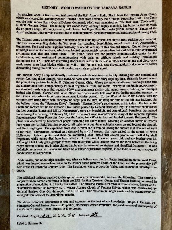 WW II on the Tarzana Ranch Marker. Click for full size. WW II on the Tarzana Ranch Marker image. Click for full size.