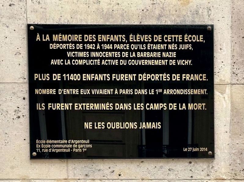École élémentaire d’Argenteuil Jewish Students Memorial Marker. Click for full size. École élémentaire d’Argenteuil Jewish Students Memorial Marker image. Click for full size.