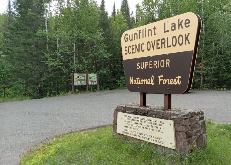 The 2007 Ham Lake Fire Marker (left) at the Gunflint Lake Scenic Overlook image. Click for full size.