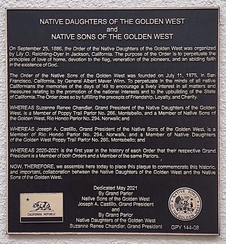 Native Daughters of the Golden West<br>and<br>Native Sons of the Golden West Marker image. Click for full size.