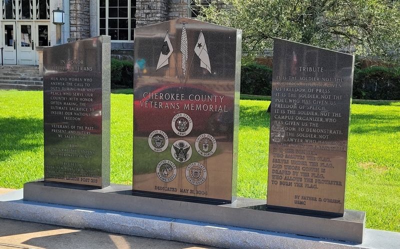 The main view of the Cherokee County Veterans Memorial on the county courthouse grounds. Click for full size. The main view of the Cherokee County Veterans Memorial on the county courthouse grounds image. Click for full size.
