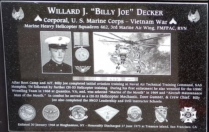 Willard J. "Billy Joe" Decker Marker image. Click for full size.
