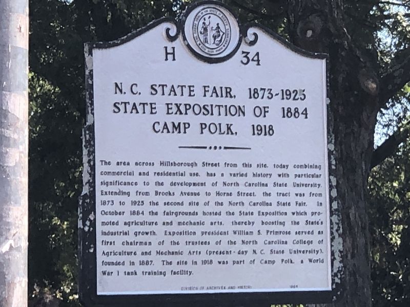 N.C. State Fair, 1873-1925 / State Exposition of 1884 / Camp Polk, 1918 Marker image. Click for full size.