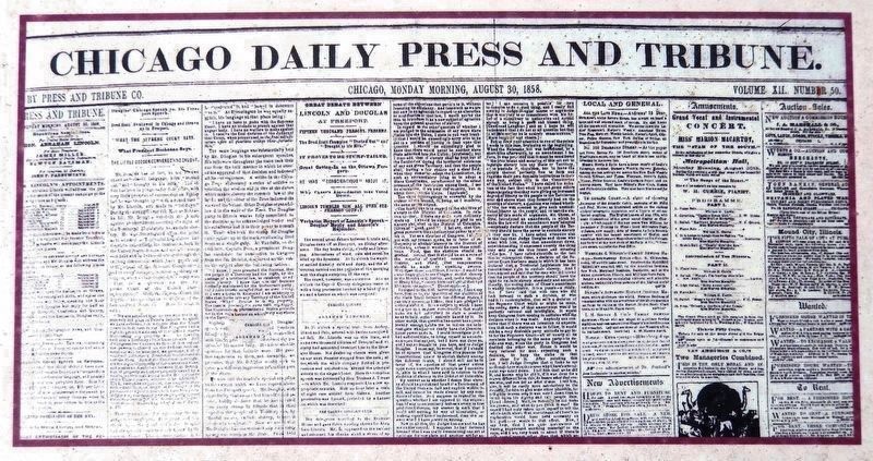 Marker detail: Chicago Daily Press and Tribune<br>Chicago, Monday Morning, August 30, 1858 image. Click for full size.