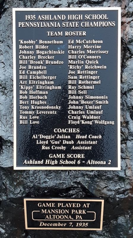 1935 Ashland High School Pennsylvania State Champions Marker image. Click for full size.