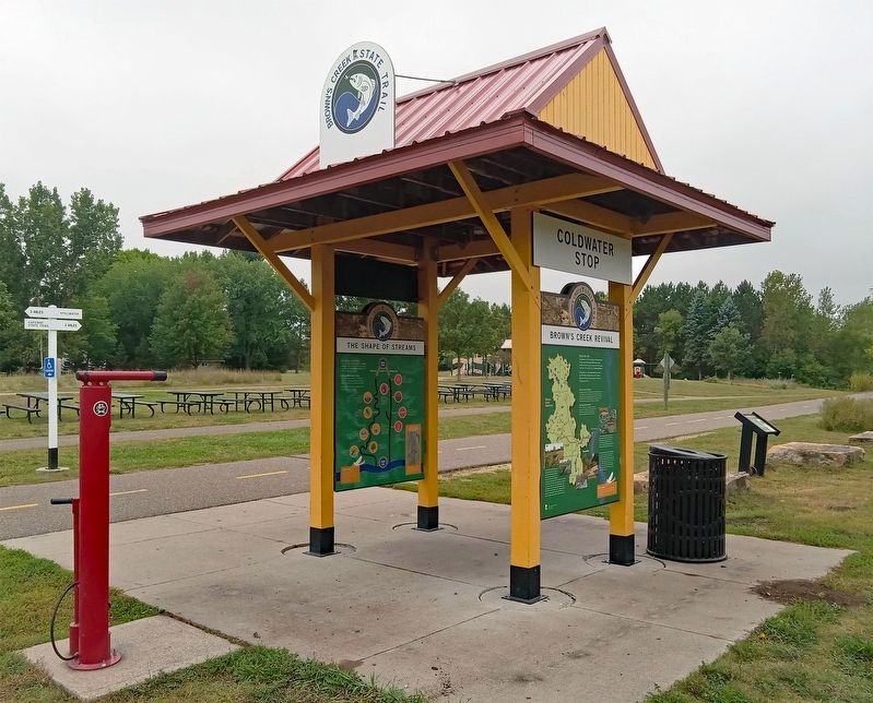 Brown's Creek Revival Marker (right) on the Coldwater Stop kiosk on the Brown's Creek State Trail image. Click for full size.