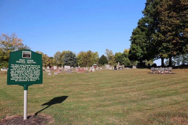 West Union Friends Meeting Marker with West Union Cemetery in background. Click for full size. West Union Friends Meeting Marker with West Union Cemetery in background image. Click for full size.
