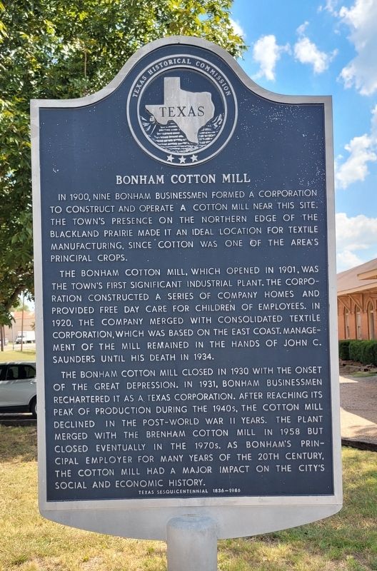 Bonham Cotton Mill Marker image. Click for full size.