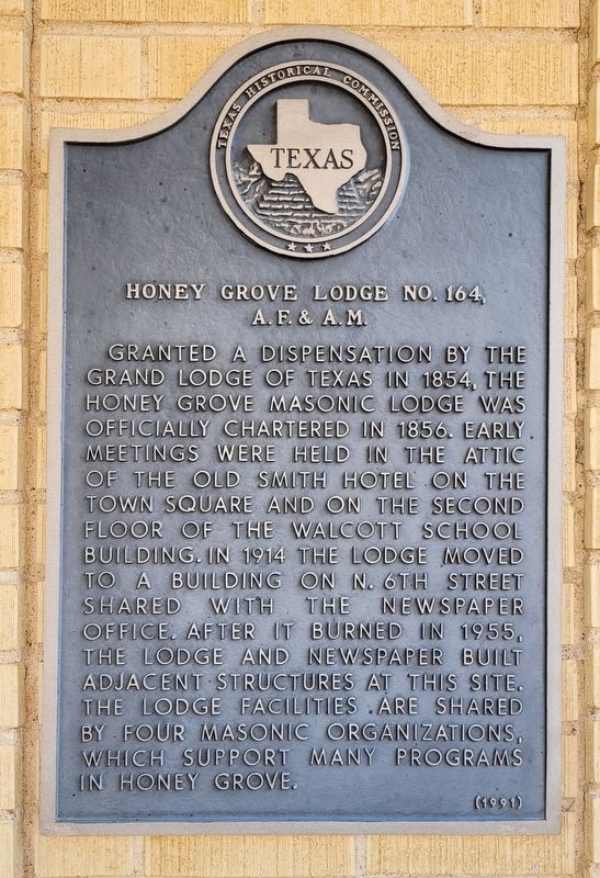 Honey Grove Lodge No. 164, A.F. & A.M. Marker. Click for full size. Honey Grove Lodge No. 164, A.F. & A.M. Marker image. Click for full size.