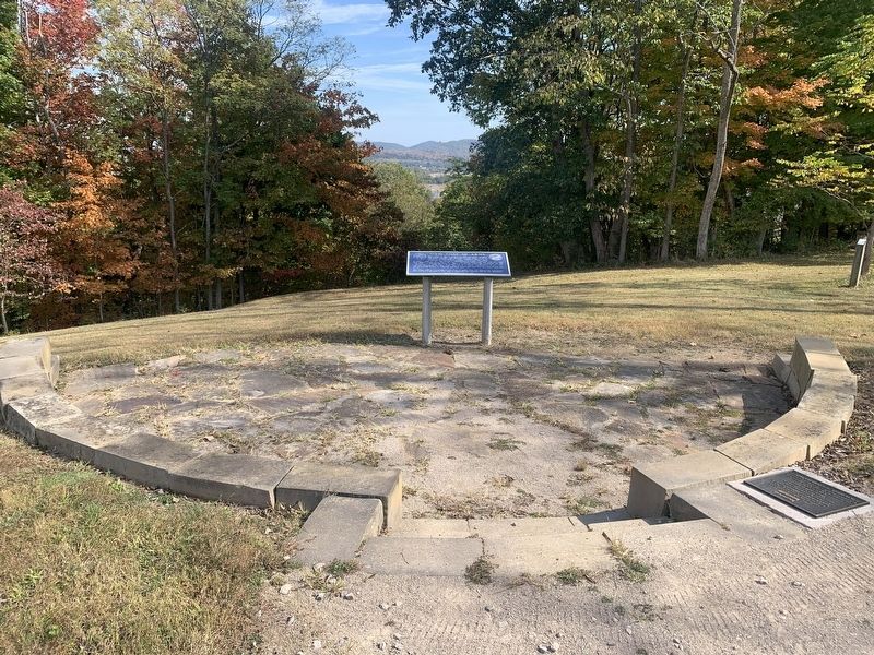 Ohio Coat of Arms Marker, on terrace with view of state seal inspiration behind it image. Click for full size.