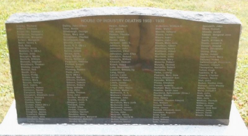 House of Industry Deaths 1903-1935 Marker. Click for full size. House of Industry Deaths 1903-1935 Marker image. Click for full size.
