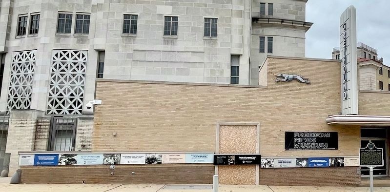 Wide shot of former Greyhound Bus Station and new Freedom Rider markers.. Click for full size. Wide shot of former Greyhound Bus Station and new Freedom Rider markers. image. Click for full size.