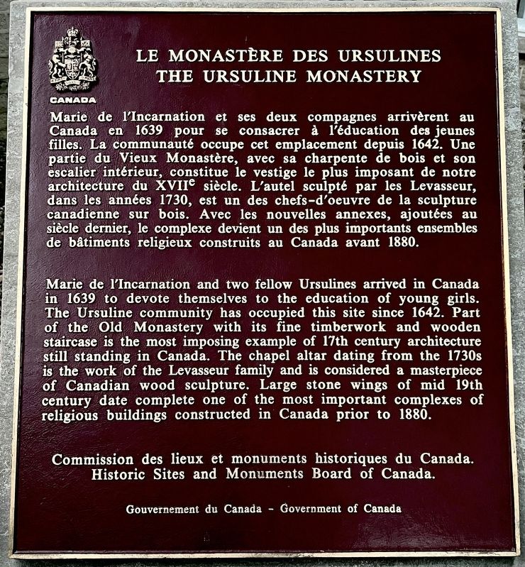 Le Monast�re des Ursulines/ The Ursuline Monastery Marker image. Click for full size.
