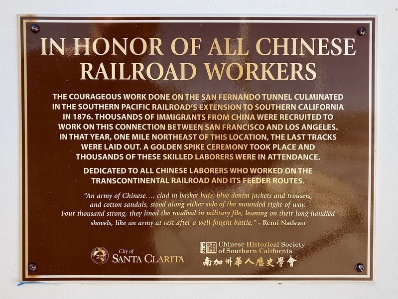 In Honor of All Chinese Railroad Workers Marker image. Click for full size.