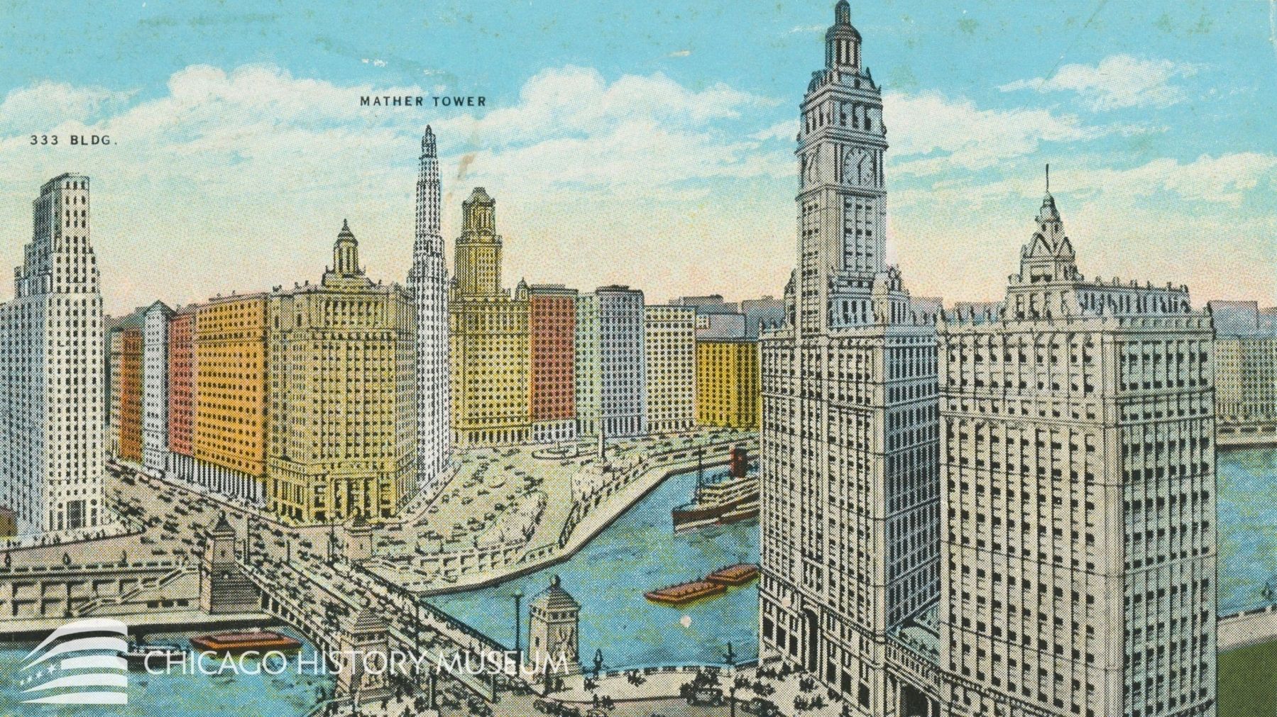 Chicago River skyline, circa 1933 image. Click for full size.