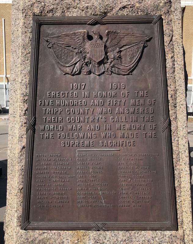 Tripp County World War I Memorial Marker. Click for full size. Tripp County World War I Memorial Marker image. Click for full size.