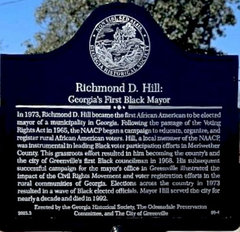 Richmond D. Hill: Georgia’s First Black Mayor Marker. Click for full size. Richmond D. Hill: Georgia’s First Black Mayor Marker image. Click for full size.