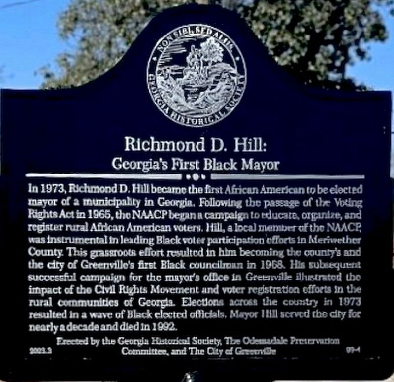 Richmond D. Hill: Georgias First Black Mayor Marker image. Click for full size.