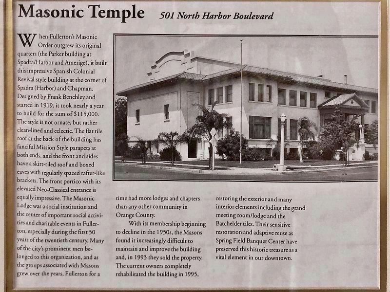 Fullerton Masonic Temple Information image. Click for full size.